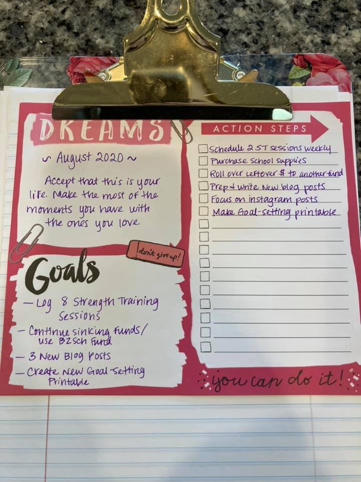 August goals written out on goal-setting paper