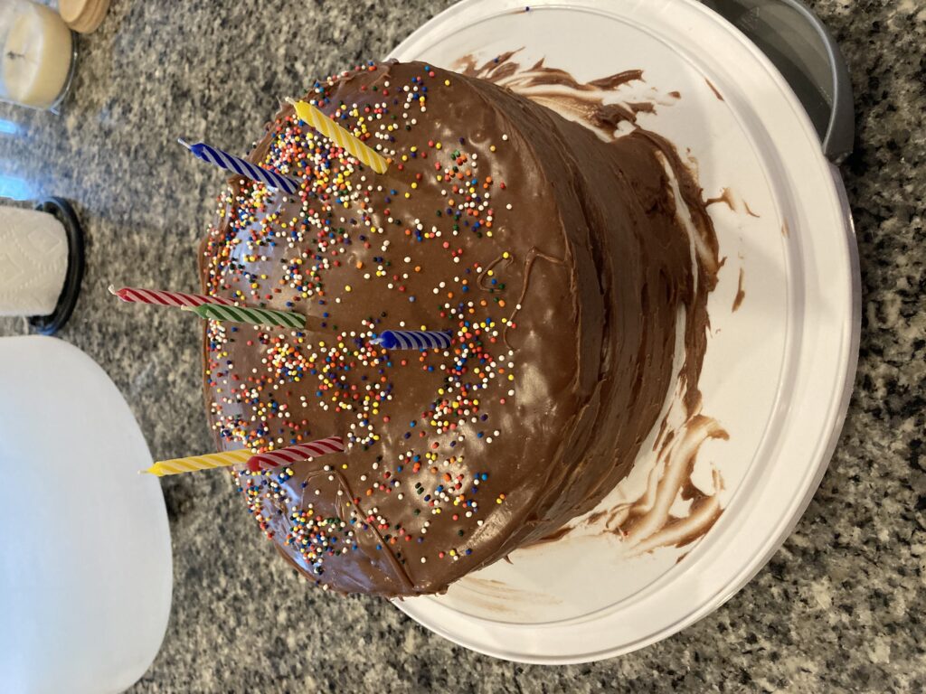 Two-tiered chocolate cake with sprinkles