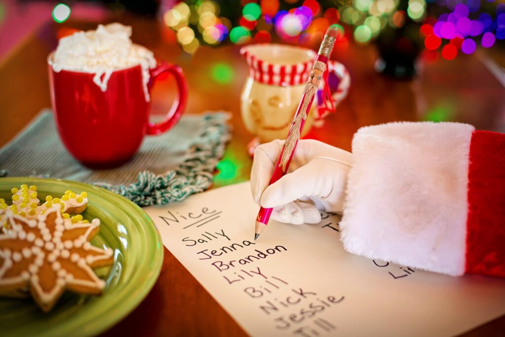 Santa Clause hand writing a Nice List for Christmas